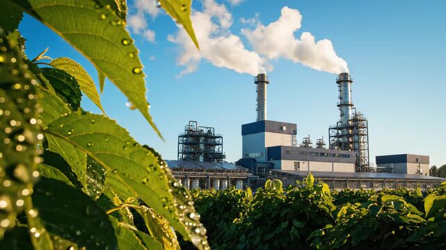 Dewdrops on green leaves in foreground, industrial plant with smoke in background