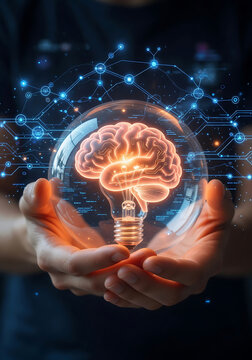 Hands holding glowing brain lightbulb inside glass sphere with network connections