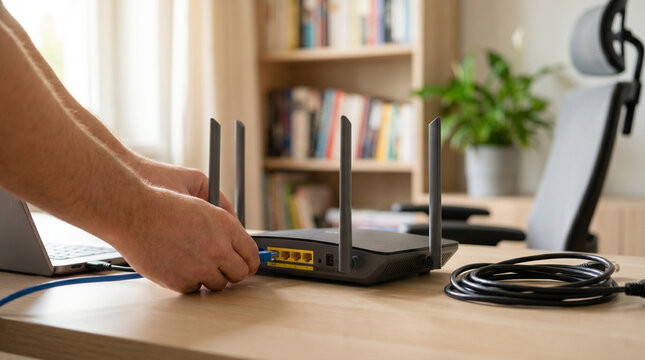 Hands plug an Ethernet cable into a modern Wi-Fi router, installing high-speed internet in a bright, contemporary home office.