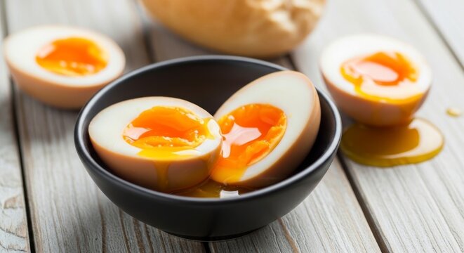 Soft-boiled marinated eggs halved in a black bowl, golden runny yolks with seasoned egg whites on a rustic wooden table.