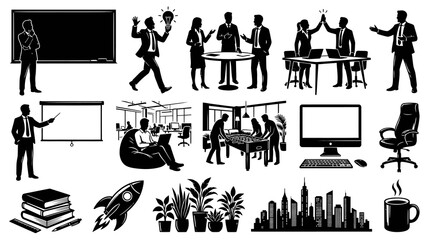 Fototapeta premium Business Meeting Office Silhouettes, Black and White Vector Icons