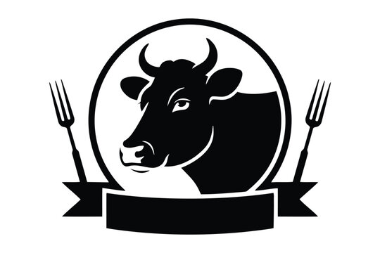 Black and white circle with cow head and two pitchforks circle pitchforks farm animal agriculture