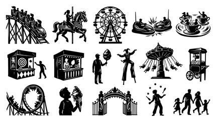 Fototapeta premium Monochromatic Amusement Park and Carnival Glyphs Set: Rides, Attractions, and Fair Icons
