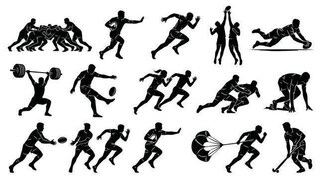 Sports and Athletics Athletes Silhouette Vector Icon Set - Diverse Black and White Action Graphics Collection