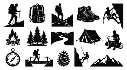 Obraz premium Outdoor Adventure Icons: Hiking, Camping, Climbing Black White Vector Graphics