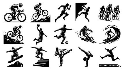 Fototapeta premium Active Sports Athletes Silhouette Vector Glyphs Collection: Cycling, Skiing, Surfing, Running, Skateboarding