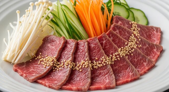 Thinly sliced raw beef garnished with sesame seeds, served with julienned carrots, cucumber, and enoki mushrooms on a white plate.