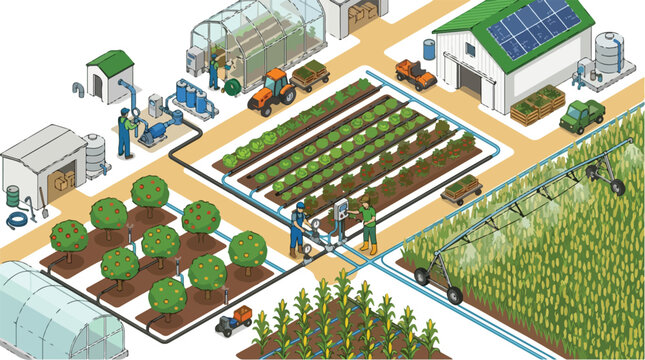 Isometric illustration of a modern smart farm with agricultural workers managing irrigation systems, greenhouses, solar panels, and diverse crop fields including corn and orchards