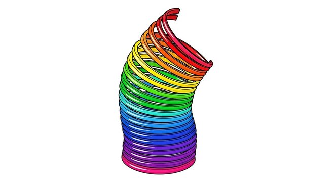 Dynamic illustration of vibrant rainbow coiled spring toy, flexible plastic design with smooth color gradient, abstract spiral on white background, evoking playful motion