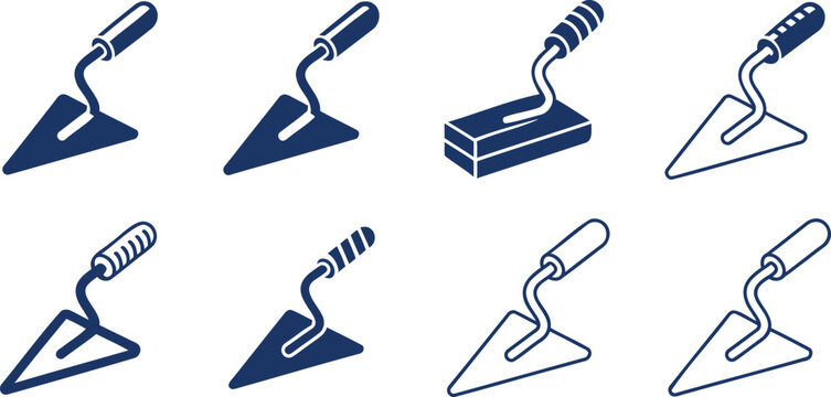 Collection of blue masonry trowel for construction and tiling work on white background