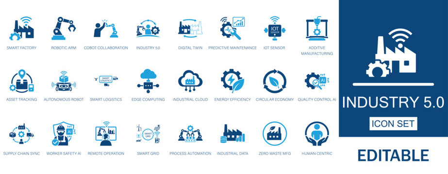 Industry 5.0 and smart manufacturing icon set. Features cobot collaboration, digital twin, robotic arm, smart factory, and human-centric industrial automation symbols.