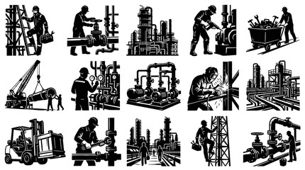 Obraz premium Black and White Industrial Workers and Machinery Vector Icons Set