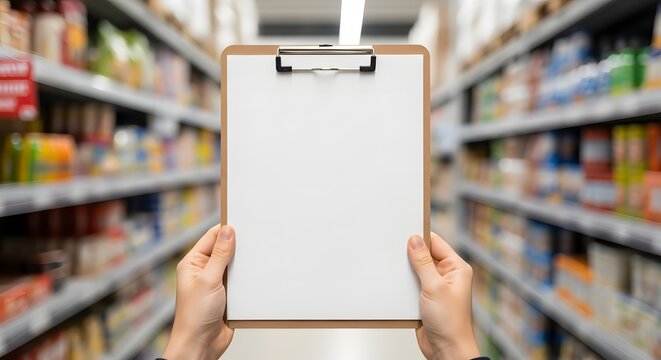 Hands holding a clipboard with a blank white sheet in a grocery store aisle