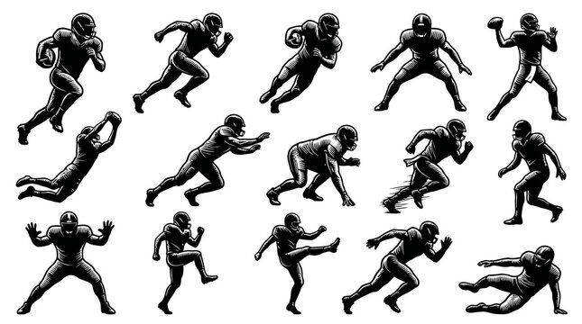 Black and White American Football Player Poses Vector Set