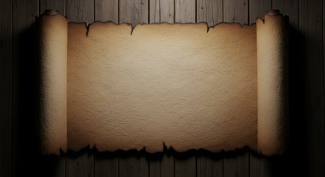 Ancient parchment scroll on dark wood wall dramatic lighting blank space for text