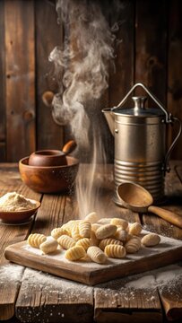A photo of gnocchi rolling in flour on a wooden board, steam rising from the hot water pot below, rustic kitchen setting with wooden utensils and vint