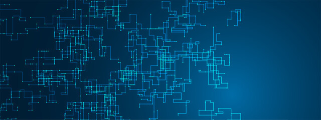 Obraz premium Blue glowing digital circuit network lines. Abstract technology grid background with dots and connections. Futuristic data structure for cyber security, internet, science.