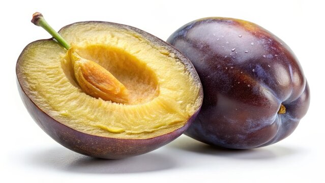 A photo of a longitudinal cut through a prune plum showing the stone and juicy yellow pulp on a white background with a clipping path Fruit, Prune Pl