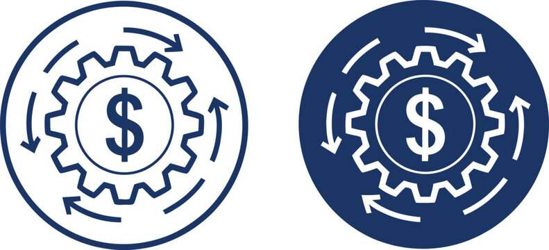 Two circular featuring a gear with a dollar sign and rotating arrows around it