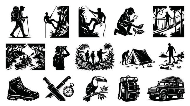 Outdoor Adventure and Nature Exploration Black and White Glyph Icons Set. Monochrome Silhouette Vector Illustrations for Travel