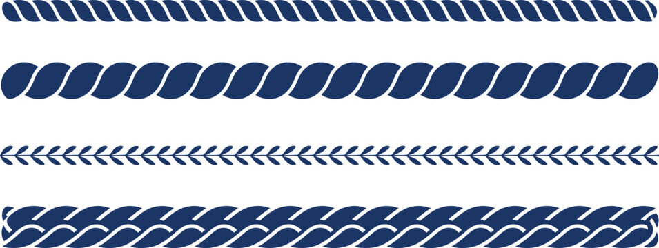 Collection of four nautical rope dividers and borders in dark blue isolated on white background