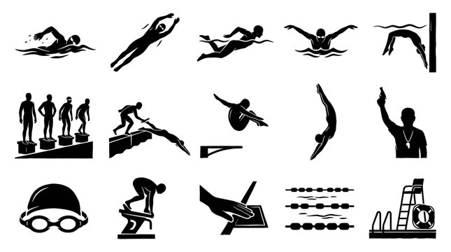 Swimming and Diving Sports Solid Glyph Icons Set. Black and White Silhouettes of Athletes, Equipment, and Pool Elements.