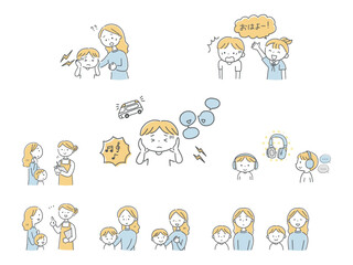 Fototapeta premium 聴覚過敏で困る子どもと支援のイラストセット単色