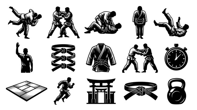 Judo Icons: Black and White Vector Illustrations of Grappling, Belts, and Mats