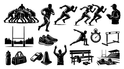 Obraz premium Black and White Sports Vector: Athletes, Equipment, and Stadium