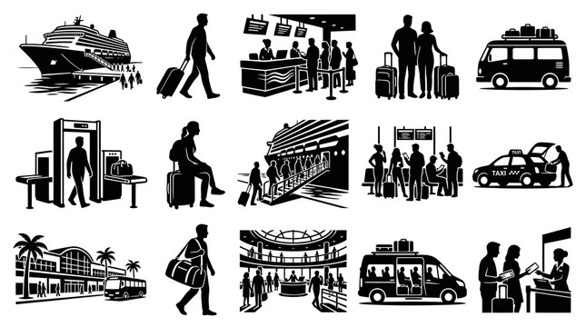 Black and White Icons of Airport and Travel Scenes with People, Luggage, Vehicles, and Cruise Ship