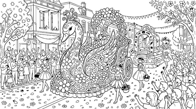 Festive Flower Parade with Large Swan Float and Cheering Crowd