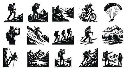Obraz premium Outdoor Adventure Sports Black Silhouette Vector Set: Hiking, Biking, Climbing, Camping, Nature Travel Activities