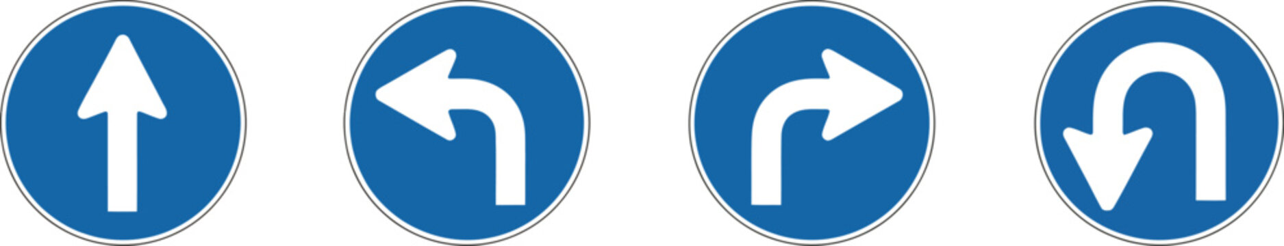 Set of four blue circular traffic signs with white directional arrows for straight, turn and u-turn