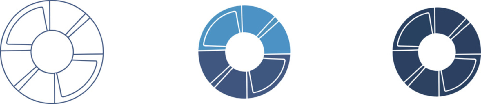 Three circular pie chart diagrams with segmented sections in blue and white outline style