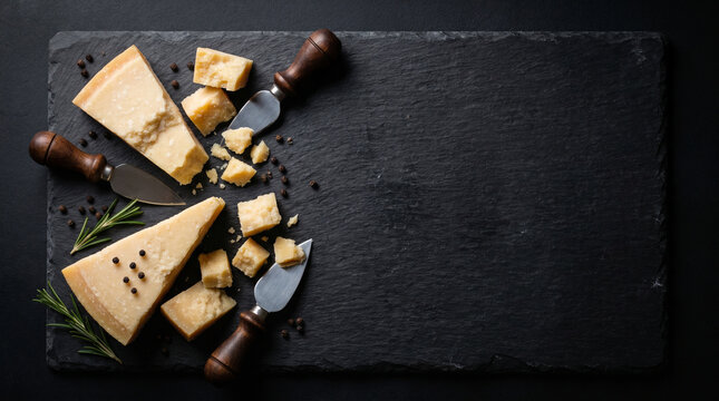 Top view flat lay of premium hard cheeses like Parmesan with cheese knives on a dark textured stone background. Ample empty copy space for food advertising and menus.