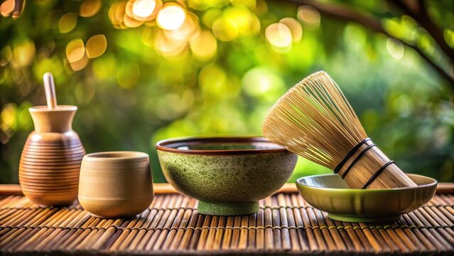 A photo of elegantly arranged Japanese traditional utensils for tea ceremony, featuring a bamboo whisk chasen, a matcha bowl chawan, a tea straine