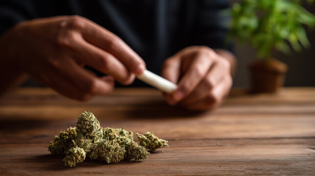 Hands rolling cannabis joint with marijuana buds on wooden table in natural outdoor setting