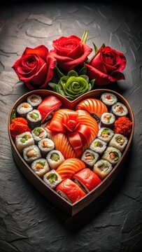 A heartshaped box of assorted sushi and maki rolls with chopsticks and roses on a dark background Valentines Day special A photo of a heartshaped