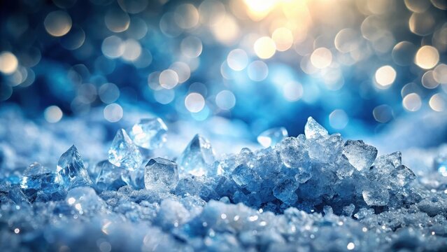 A photo of crushed ice on a snowy winter background with frosty edges and sparkling crystals