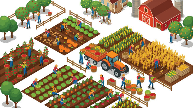 Isometric agriculture farm scene with workers harvesting organic vegetables and fruits including tomatoes pumpkins and corn near a red barn with a tractor and trailer