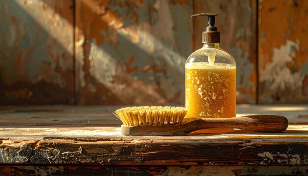 Close-up of a weathered wooden hand scrubbing brush with splayed bristles next to a translucent pump bottle of orange liquid soap on a rustic wood surface with peeling paint.