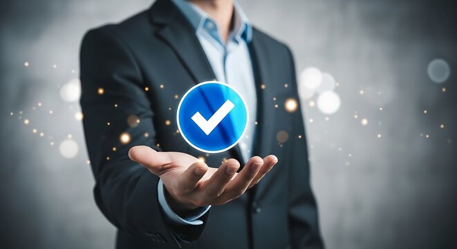 Man in suit holding hand out with blue checkmark and particles