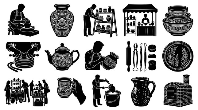 Pottery and Ceramic Craft Black and White Graphic Icons Set: Artisans, Handmade Clayware, Tools, and Process