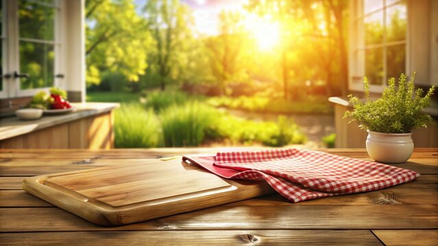 A photo of a rustic kitchen table with a wooden cutting board and a red kitchen towel neatly placed on it
