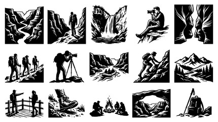 Obraz premium Outdoor Adventure Black and White Graphic Illustrations for Hiking, Camping, and Nature Travel
