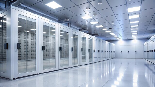 A clean and modern white data center server room with sleek white cabinets and a minimalist design, illuminated by soft, ambient lighting The server