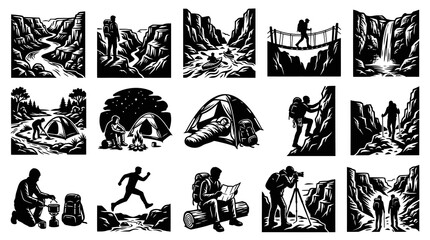 Fototapeta premium Black and White Line Art Collection of Hiking and Camping Adventures in Nature