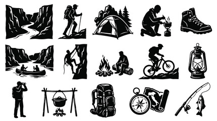 Obraz premium Black and White Vector Icons of Outdoor Camping and Hiking Adventures