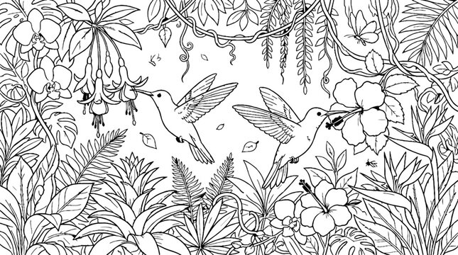 Hummingbirds Hovering Over Lush Tropical Hibiscus Flowers