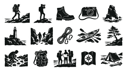 Fototapeta premium Black and White Vector Icons of Outdoor Adventure and Hiking Gear